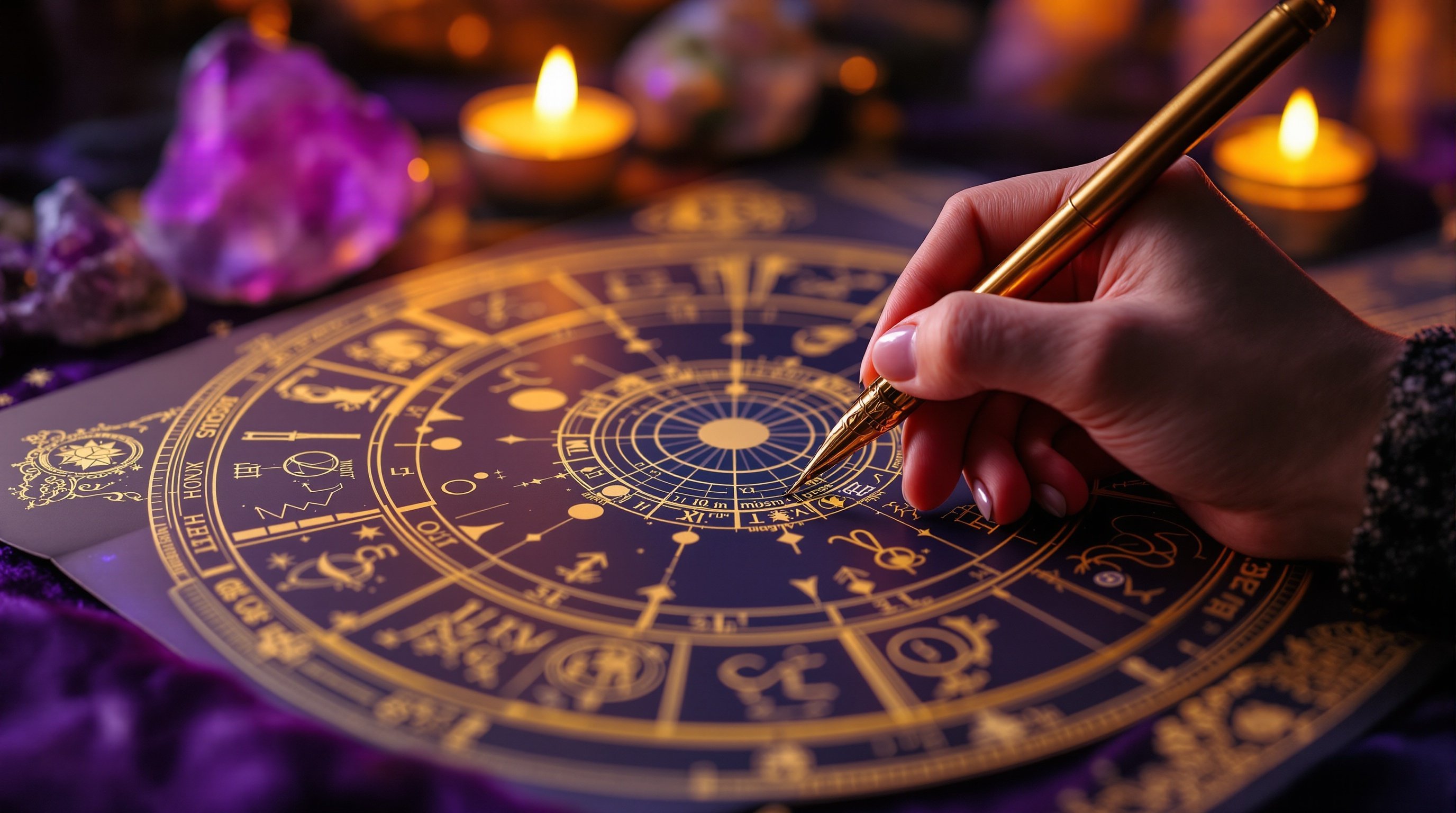 Elegant hands drawing astrological symbols on natal chart